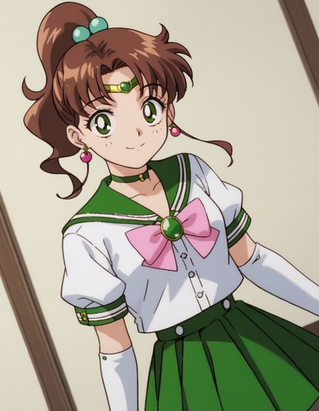 score_9, score_8_up, score_7_up, source_anime, <lora:makoto-kino-supers-movie-ponyxl-lora-nochekaiser:1>, makoto kino, brown hair, circlet, green eyes, hair bobbles, hair ornament, medium hair, ponytail, sidelocks, parted bangs,, back bow, bow, bowtie, brooch, choker, earrings, elbow gloves, flower earrings, gem, gloves, green choker, green gemstone, green sailor collar, green skirt, jewelry, miniskirt, pink bow, pink bowtie, pleated skirt, sailor collar, shirt, short sleeves, sidelocks, skirt, white gloves, white shirt,, indoors, smile, looking at viewer, solo,, cowboy shot, dutch angle