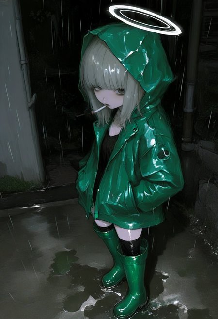 1girl, solo, cigarette, rain, hood, halo, thighhighs, boots, hands in pockets, raincoat, rubber boots, jacket, green jacket, black thighhighs, smoking, mouth hold, hooded jacket, bangs, green footwear, standing, black shirt, shirt, medium hair, outdoors, looking at viewer, hood up, knee boots, grey hair <lora:748cmXL_NBVP1_lokr_V6311PZ:0.95>