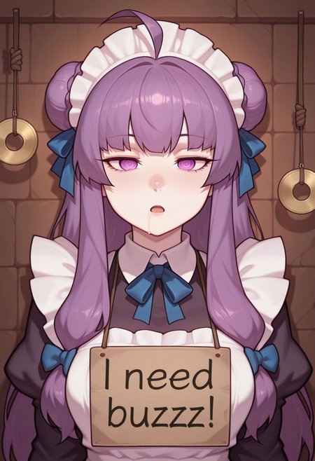 masterpiece, best quality, mind control, hypnosis amazing quality, arrusa, bright eyes, ringed eyes, very aesthetic, absurdres, girl, score_9, socre_8, score_7, high res image, cute girl, ultra detailed eyes, clear skin, shiny hair, black gloves, expressionless, empty eyes, ringed eyes, blank stare, blank eyes, upper body, serious, female focus, ringed eyes, 1girl, solo, patchouli knowledge, open mouth, pendulum, drool, ahoge, braided bun, ribbon, hair ribbon, hair bun, blue ribbon, french braid, maid, maid headdress, maid apron, half-closed eyes, sign around neck, sign lettered "Buzz Buzz Buzz Buzz Buzz Buzz Buzz Buzz Buzz Buzz Buzz", need_buzz