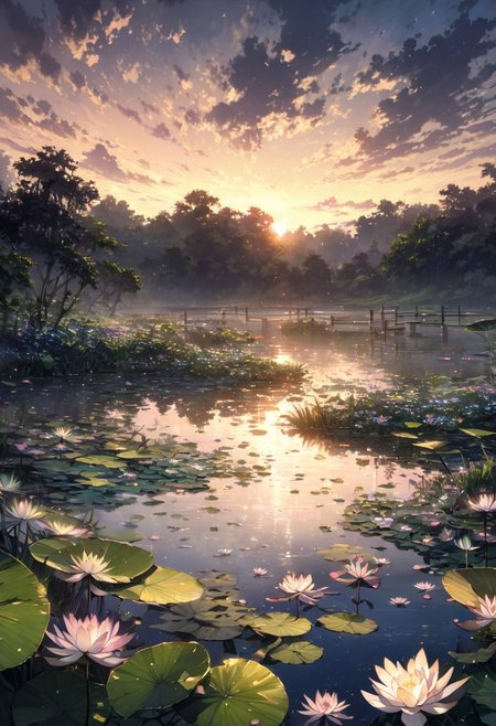 detailed background,( Calm spring night landscape), amongst lush greenery, beautiful view, Water lilies in full bloom, Water lilies, Unexplored, early morning, sunrise sky, beautiful clouds, dappled sunlight, beautiful, Tranquil Lake, Walkway, petals dancing in the wind, depth of field, masterpiece, best quality, ultra-detailed, very aesthetic, illustration, perfect composition, intricate details, absurdres, moody lighting, wisps of light, no humans,
