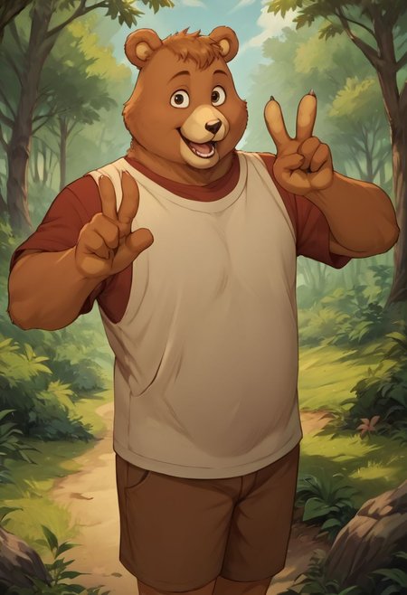 score_9, score_8_up, score_7_up, score_6_up, source_realistic, highly detailed, detailed eyes, Teddy Ruxpin, cartoon bear standing in a forest, looking at viewer, 1boy, solo, anthro, furry, bear, happy, smile, V,