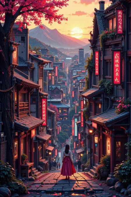 japanese city beautiful  landscape, golden hour, woman, very intricate, very detailed, sharp, bright, colorful, <lora:Hand v2:0.5> <lora:Anti-Blur:1><lora:Insane Detail Slider:0.25>  <lora:flux.1_lora_flyway_Epic-detail_v2:0.3> <lora:fluxenhancer:0.25> <lora:Neurocore Anime Cyberpunk v2.0:1> A digital artwork in the style of cknc <lora:abyss-neon:0.6> bo-neon