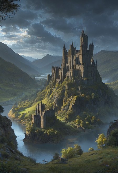 A captivating night scene illustration featuring a beautiful castle on a large  hill overlooking a lake in Wales.   The castle is ancient but well maintained and updated and comfortable to live in.  This enchanting artwork captures a serene and peaceful early morning, where the sun is just starting to rise over the beautiful hills and castle which   stands resolute amidst hills of Wales, creating a cinematic experience., illustration, cinematic
<lora:DonM3t3rn1tyXL-v1.1:0.7>, DonM3t3rn1tyXL,
OverallDetailXL  <lora:MJ52:0.3>  <lora:SDXLFaeTastic2400:0.4>  <lora:EpicF4nta5yXL:0.7>