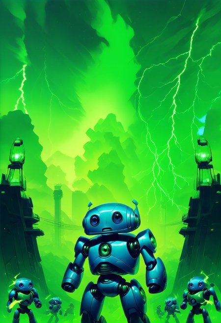 score_9, score_8_up, score_7_up, 
Necron, green glow, green lightning, 
CivBot, blue eyes, sky, cloud, no humans, glowing, star, science fiction, fist, clenched fist, radio antenna, cowboy shot, blue robot,