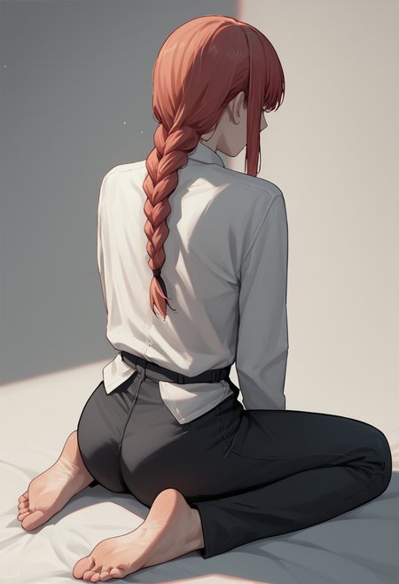 score_9, score_8_up, score_7_up, source_anime,  1girl, kneeling, spread legs, from behind, feet,  makima \(chainsaw man\), black pants,     <lora:Wariza 2-000009:1>