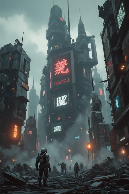 YFG-Sm0rg, YFG-Zaat, A wide-angle view of a dystopian city, where broken, tech-infused landscapes stretch into the distance. The skyline is dominated by tall, crumbling towers, their neon signs flickering and glitching. In the foreground, characters in torn cybernetic armor wander through the debris, illuminated by the cold, digital glow of malfunctioning streetlights. The atmosphere is heavy with fog and digital distortion, with the sky filled with fragmented clouds of data. The overall mood is dark and ominous, with a palette of muted grays, blues, and occasional bursts of neon red, giving the scene a foreboding and decayed feeling