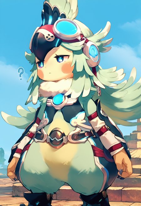 (score_9:0.9),score_8_up,score_7_up,anime style,rating_safe,(zPDXL),<lora:XB2 Finch ponyXL v2:0.78>,finch,1girl,solo,sky,standing,closed mouth,blush,looking to another,expressionless,?,blue sky,