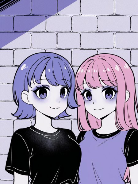 2girls, monochrome, purple theme, 

pink hair, long hair, blue hair, short hair, black t-shirt, purple tank top,
looking at viewer, smile,
brick wall, upper body, 
