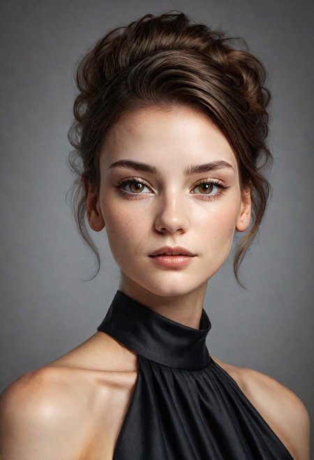 A detailed portrait of a young woman exuding elegance and natural grace. She has a voluminous updo hairstyle with wisps of hair tenderly framing her face. Her hazel eyes are accentuated by tasteful makeup, s. She wears a high-necked black top, suggesting a blend of casual refinement. The lighting should illuminate her face against a subdued background, emphasizing her calm and confident expression. High Fashion, dynamic, dramatic, elegant, High fashion supermodel, avant garde style
fFaceDetaile