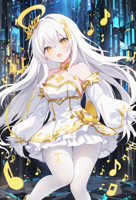 Best quality, masterpiece, sci-fi extremely dark abyss city, music notes, one singer girl with round pert breasts, majestic walk, hands gesturing, adorable pure white long loose hair, simple hairpin, adorable smooth happy face, singing, open mouth, bright yellow eyes, detailed kawaii makeup, beautiful white dress with long sleeves and gloves, slim waist, very short miniskirt, white tights, thick clavicle, thick pelvis, thick hips, thick thighs, heels