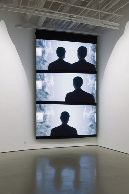 <lora:Video installation:1>Video installation - A highly detailed front view photograph of two adjacent video projection screens attached to a white wall