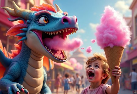 Happy adult Dragon with candy-colored sugar crystals scales and jaws wide open, (cotton candy is coming out from dragon mouth:1.3) on a paper-cone, dragon with proud expression, a kid is holding up the paper-cone, kid looking at cotton candy. The kids eyes are wide open and his mouth open in disbelief. Carnival setting, mystical, vibrant. Realistic art, detailed. Digital painting, hyperrealism.