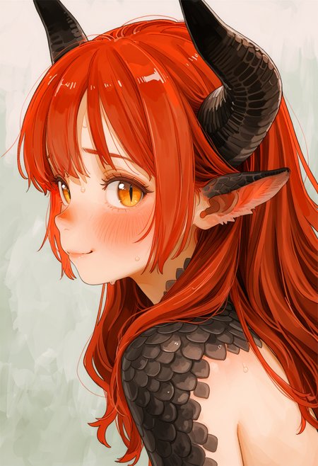 realistic textured painterly ,(by akai sashimi, by oharu-chan)
safe general, 
1girl, solo,  dragon girl, looking at viewer, shy, blush, averting eyes, sweat, nervous smile, nervous, dragon horns, black scales, cute theme, monster girl, slit pupils, from side, profile, 
very awa, best quality, highres, masterpiece,
<lora:nhl-002-19-nai-new:1.0> nhl-002,