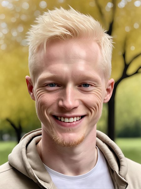 professional photograph, high resolution, 30yo drewsynthxl, portrait, solo, realistic, smile, albino,
face focus, ,
in the park, overcast