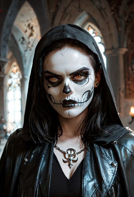 score_9, score_8_up, score_7_up, (SUBJECT), depth of field, highly detailed, high contrast, film grain, Rim Lighting,hand, looking to viewer,
hand, SKULLF4C3XL, skull tattoo, facial_tattoo, skeleton makeup, skull facepaint,  woman, , black hair, pout, Grim, Grim Reaper, Dark, Fantasy, Death, leather habit, leather cape, collar,