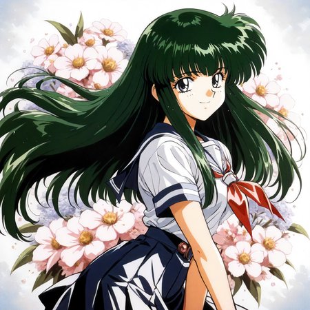 <lora:RC_masou_shizukaXLanimagine001:0.8>,
masterpiece,high score,great score,absurdres,
flower background,glitter,
smile,
looking at viewer,
solo,
anime coloring,retro artstyle,1990s (style),
masou_shizuka\(rance_series\),1girl,green hair,long hair,black grey eyes,
cowboy shot,standing,
serafuku,