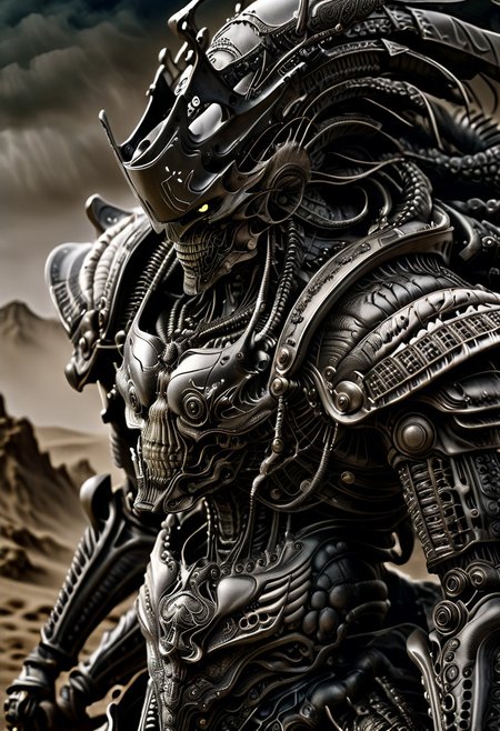 stunning, magnificent, HD, photorealistic, samurai, dramatic lighting, solo, standing alone in a desert, intricate details, intricate armor, intense gaze, mythical, legendary, powerful, ((dark, evening)), cinematic, close-up, art by hr giger,
 armor, science fiction, no humans,
 vintage painting,painting,realism,Americana art,artistic style
