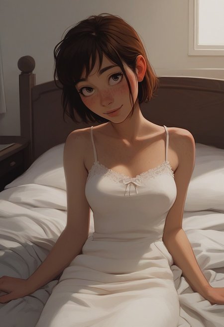 score_9, score_8_up, score_7_up, score_6_up,  1 girl ,cute perfect face,  kawaii girl, short brown hair, freckles, sexy, petite, slim, skinny, slight smile, blushing, petite, innocent,  medium breasts, jyojifuku,dress, camisole dress, bare shoulders,  bedroom,  s1_dram,