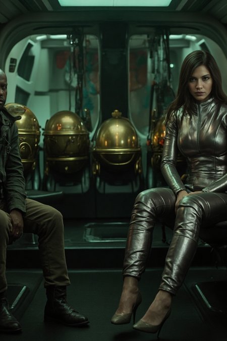 A photo of a futuristic transport vehicle's interior. There's a woman in a metallic outfit sitting on the right, a man in an earth-toned outfit on the left, and three large, spherical, gold-colored helmets or visors attached to the seats behind them. The ambiance is dimly lit with a greenish hue.
