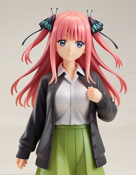 score_9, score_8_up, score_7_up, source_anime,
ninonakano, <lora:nino-nakano-s2-ponyxl-lora-nochekaiser:0.5>, 
nino nakano, long hair, bangs, blue eyes, hair ornament, hair ribbon, pink hair, blunt bangs, two side up, butterfly hair ornament, mature female,
skirt, shirt, long sleeves, white shirt, pleated skirt, open clothes, collared shirt, sleeves past wrists, dress shirt, cardigan, green skirt, open cardigan, black cardigan,
<lora:gsc-figurines-ponyxl-lora-nochekaiser:1>, gsc figurines, 1girl, smile,