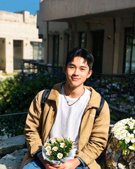 score_9, score_8_up, score_7_up, Korean, <lora:Expressive_H:1>, ((handsome young cute man:1.2, light skin)), ((23yo)),(focus male, solo:1.1), masterpiece, best quality,
The image features a young man sitting on the edge of a rock with a relaxed posture. He is dressed in a casual outfit that consists of white beige trousers and a matching beige jacket. Underneath the jacket, a white t-shirt is visible. The man is holding a small bouquet of flowers, which he seems to be presenting or offering.
 He is slight smiling and looking directly towards the camera, conveying a sense of joy or anticipation. The man has short, dark hair and appears to be in his late teens or early twenties. The background of the image is out of focus but suggests an outdoor setting with architectural features like a building and a structure with a corrugated metal roof.
The style of the image is candid and appears to be a lifestyle or fashion photograph, with shallow depth of field that keeps the person in sharp focus while the background fades into soft colors. The lighting is bright and even, suggesting a sunny day. There are no texts visible in the image.
 <lora:tae_dong-000019:1>, tae_dong