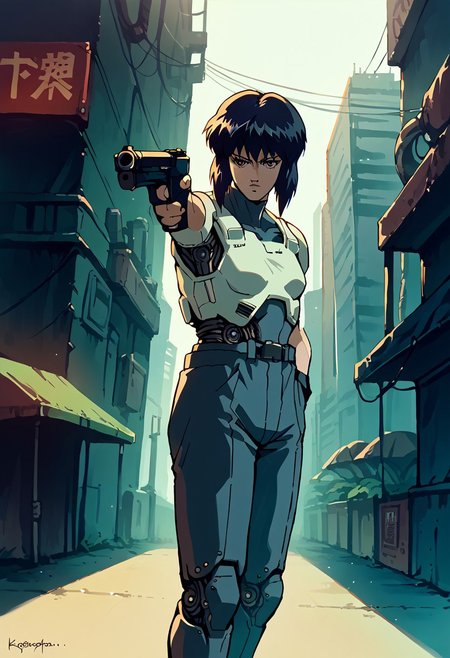 score_9, score_8_up, score_7_up, source_anime, 
1girl, solo, 
medium hair, black hair, 
expressionless, (empty eyes:0.7), relaxed,
cyborg girl, cyborg body, 
kusanagi motoko, fingerless gloves, 
outdoors, streets, cyberpunk city, futuristic,
cowboy shot, dutch angle, 
retro, ghostintheshellstyle
holding weapon, (holding gun:1.2), handgun, (hand in pocket:1.2), (aiming:1.2),
reelmech, mechanical parts, (cable, wires:0.4), machinery, joints, body suit,
