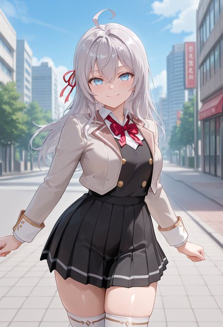 masterpiece,best quality,absurdres, amazing quality, shiny skin
 tokyo \(city\), outdoors, cowboy shot, smile, sidewalk, standing, ((dynamic pose)), looking at viewer, alya-san, 1girl, long hair, blue eyes, ahoge, shirt, school uniform, jacket, ribbon, hair ribbon, skirt, grey hair, thighhighs, long sleeves, hair between eyes, white thighhighs, bow, collared shirt, white shirt, red ribbon, bowtie, red bow, blazer, red bowtie, zettai ryouiki, pleated skirt, black skirt,   <lora:alya-san-07:1>