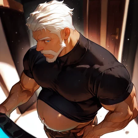 <lora:wulfric__pokemon-000008:.75> wulfric, White hair, blue eyes, Moustache, Big belly,
<lora:pose_perspective:1>  perspective, blurry background, blurry foreground, {fisheye|profile, semi-profile|from above|from below}, ((cowboy shot)), 
(very short hair), male focus, muscular male, bara, mature, (glossy skin, bara, mature, facial hair,), facial hair, bara, mature,  aixiwuganda_(20222192), very awa, masterpiece, best quality, absurdres, newest, perfect quality, detailed background, intricate details,<lora:slider_Body Type_alpha1.0_rank4_noxattn_last:1><lora:Anime Summer Days 2 Style SDXL_LoRA_Pony Diffusion V6 XL:.6> <lora:slider_cfg_scale_boost:.7><lora:Artist6p:.55>, Artist6p, Artist04p,<lora:slider_il_brightness_slider_d1:-.5><lora:slider_il_contrast_slider_d1:-.5>,<lora:slider_contract_controller_illus01_v1:.3>,<lora:slider_DarkSlider1.2_alpha1.0_rank16_full_300steps:-.3><lora:Heavenly_Beauty_r1:1>, (heavenlybeauty,)<lora:slider_style_strength_controller_illus01_v1:.25>