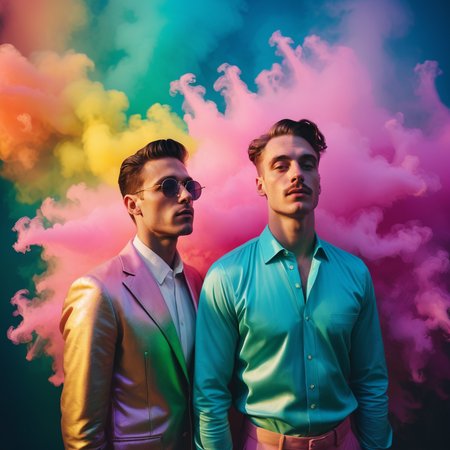 ethereal dreamlike photograph, 2 men, vividly queer, high saturation