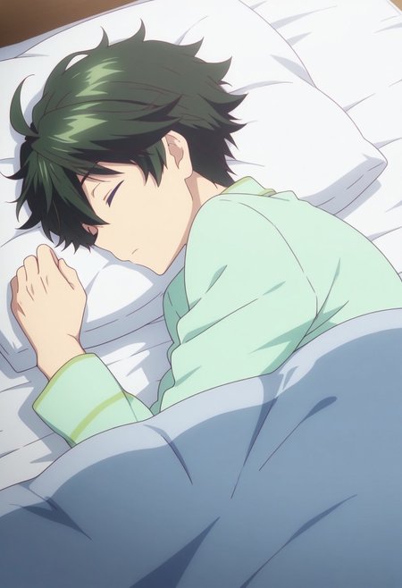 masterpiece,best quality,amazing quality, source_anime, 
HaruhikoIchijo, 1boy, male focus, solo, closed eyes, green hair, sleeping, pillow, sheets, pajamas,