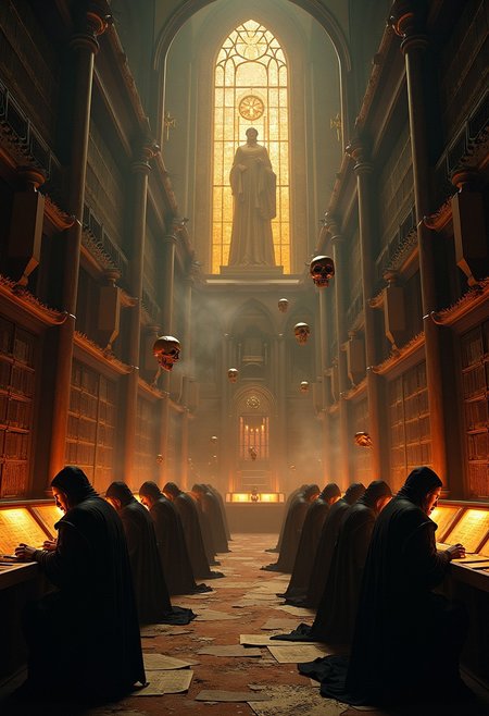 dark sci-fi psychological horror in warhammer 40k, A dimly lit chamber of the Adeptus Administratum, filled with towering shelves of ancient tomes, scrolls, and data-slates. Endless lines of robed adepts toil over cogitator terminals, their fingers adorned with servo-implants typing furiously. Servo-skulls float through the air, carrying taxation decrees and encrypted orders. In the background, an enormous stained-glass window depicting the Emperor looms, casting a golden light over the room. The scene is meticulously detailed, gothic, and oppressive, with layers of parchment and incense smoke drifting through the air. Captured with a Phase One XF IQ4 150MP, 50mm lens, hyper-realistic, cinematic, and sepia-toned for a grimdark atmosphere.aidmaMJ6.1