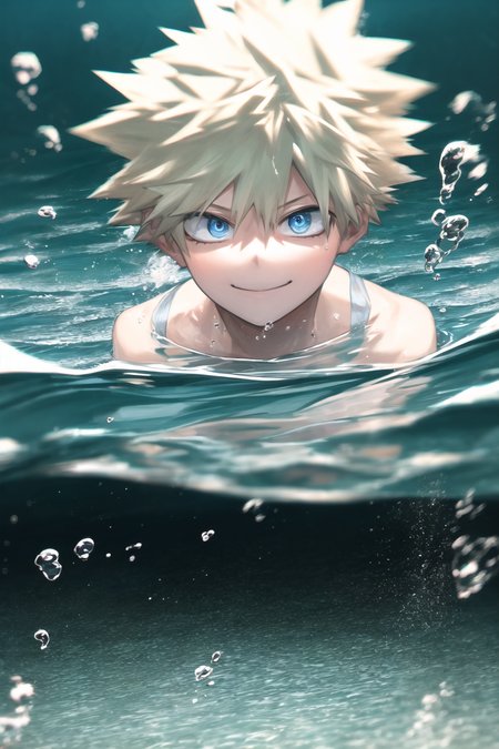 (very detailed background:1.0), (highly detailed background:1.0), bakugou katsuki, masterpiece, best quality, (1boy), solo, (boy:1.2),(water),blonde hair,sapphire, floating, ocean:2, motion blur, smile, iridescent shirt, (underwater:1.2), chromatic aberration, depth of field, soft lighting, highly detailed face, highly detailed eyes, light blue eyes, looking up, (full body), (small fish:1.2)<lora:horikoshi_kouhei-000030:0.6>