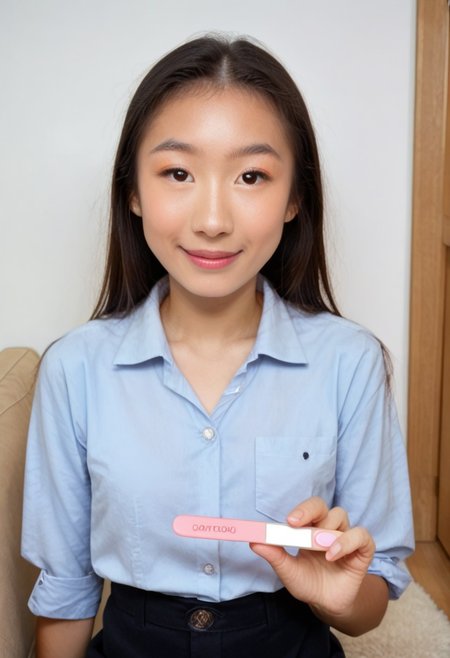 photography, score_9, score_8_up, score_7_up, realistic, (fully body shot:1.1), (3/4 profile:1.1), real skin, 1girl, 20 years old, (perfect face), (asian woman), (cute), (skinny:1.15), (long flat black hair), looking at viewer, sitting in a living room, (professional modest outfit, buttoned up shirt, long black pants), holding a positive pregnancy test, smiling