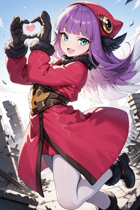 1girl,
MuushuWuuShinMegamiTensei,
safe, solo, dynamic angle,
long hair, hair wings, purple hair, multicolored hair,
white hair,
hat, fur trim, earmuffs, blunt bangs,
long sleeves, mittens, black gloves, coat, white pantyhose,
flying, \:D, heart hands, looking at viewer, smile,
outdoors, ruins,
<lora:kp_MuushuWuuShinMegamiTenseiIllustrious_v1_0:1.0>,
masterpiece, best quality, amazing quality