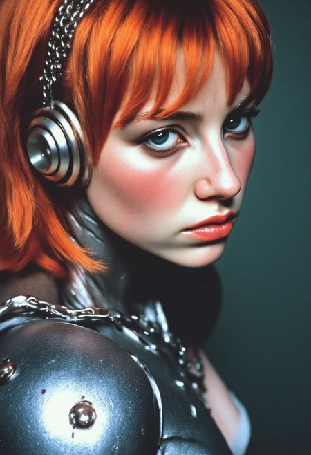 ArsMovieStill, film-grain, movie still from a 1990s indie movie, Close-up portrait of a melancholic cyborg girl, porcelain skin with freckles, metallic orange-red long glowing hair, dark dramatic eye makeup, alt girl/punk style cyborg face, chain adornments on forehead and ear, robotic body, segmented with circular joints, soft lighting, dark greenish-gray background, cyberpunk, biomechanical, vulnerable, futuristic, gritty, neon-lit slight overexposure