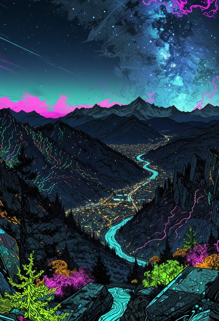 scenic landscape, Long-exposure astro-photography, (starry ht sky:1.22), irregular shattered luminous star clusters in sky, (stellar background:0.9), (high-resolution) (sharp details:0.85),} vast rocky mountainside, scenic landscape view,  (high quality:1.22), (pui:0.01),  , 
(Glacier-carved valleys), (tall pines), (sheer cliffs), (distant snow-capped peaks) (epic:0.9, )(RAW:0.75),high definition,masterpiece, amazing quality,   p3,s9