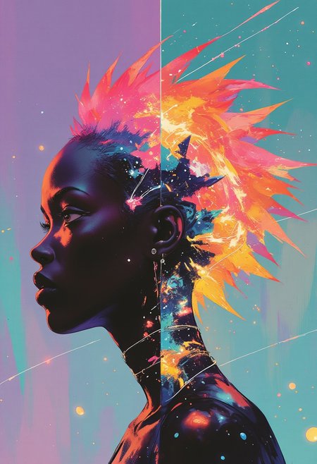 A highly stylized digital artwork featuring a close-up profile of a woman with a bold mohawk. The image blends realism with abstraction, focusing on light, color, and texture. The woman’s head and neck are smooth, her skin glowing with a metallic sheen. Her mohawk is a striking blend of electric pink, neon blue, and bright yellow, creating a sharp contrast against her deep, bronzed skin. The mohawk stands upright in sharp, angular spikes, radiating a fierce energy.
Her neck is partially transparent, revealing a glowing, fluid-like substance within, swirling in shades of cobalt blue, vibrant orange, and rich crimson, suggesting a liquid or gel-like texture. The background is a digital composition divided into four sections, each with distinct colors and patterns. The top left features bright, electric purple with geometric shapes in white. The top right has a deep turquoise with similarly intricate white lines. The bottom left is rich, deep emerald green, and the bottom right radiates a soft coral pink, with repeating geometric patterns in black and white.
Bold, sweeping lines flow through the image, creating a dynamic and rhythmic visual movement. Intricate details like dots, lines, and layered shapes in purple, teal, orange, and crimson fill the scene. This digital artwork is sharp, clean, and modern, embracing a vivid color palette and contemporary design.