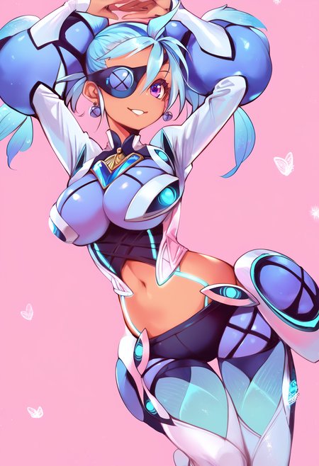 (score_9:0.9),score_8_up,score_7_up,anime style,rating_safe,(zPDXL),Praxis,blue bodysuit,1girl,solo,large breasts,smile,arms up,dancing,<lora:XB2 Praxis & Theory ponyXL v1:0.97>,