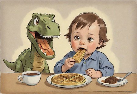 ASCII illustration, 1860 portrait of a toddler eating a waffle next to a dinosaur, warm chocolat,  kodachrome, peaceful,  dusty shirt
