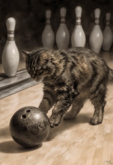 sk3tchstyle, a fluffy, medium-sized cat named Allie with a mottled coat featuring dark brown and black tabby stripes pushing a bowling ball down a bowling alley  towards pins