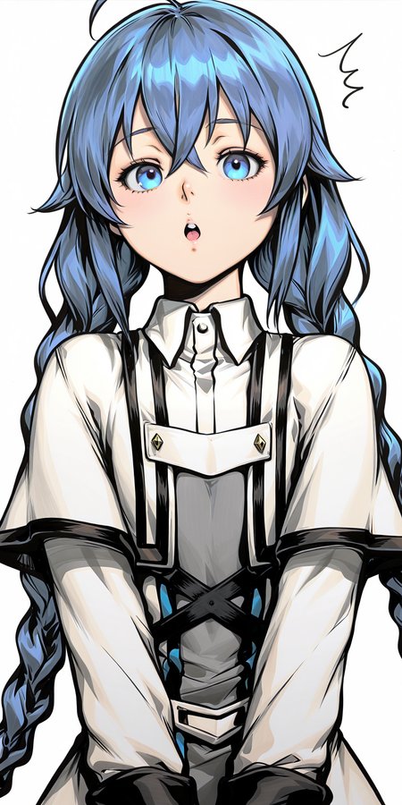 {{amazing quality, best quality, high quality, very aesthetic}}, 1girl, solo, looking at viewer, simple background, roxy migurdia, twin braids, blue hair, blue eyes, :O, amazed
 <lora:Artgerm_Sketch_Illustrious:1>