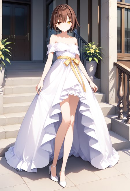 full body, <lora:KC_03HC_furutaka_pony-000015:1>furutaka-kc, brown hair, short hair, brown eyes, yellow eyes, heterochromia, 
ffurutakadress-kc, bare_shoulders_yellow_ribbon, white dress, bare shoulders, bare legs, white heels,, score_9,score_8_up, score_7_up, source_anime, masterpiece, best quality,  official art, official style, game cg, megami magazine, rating_safe, rating_questionable, <lora:Fixhands_anime_bdsqlsz_V1:0.75>,