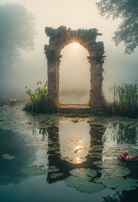 portalnarium, sparks double exposure glow portal, wining award art, mystical light, two layer ruins mirroring in lake, water lilies, absurdres, roll fog:0.5, sunwave, wet glare,  hight quality, (((masterpiece))), action-packed, detailed,  <lora:add-detail-xl:1>  <lora:Double_Exposure:1>