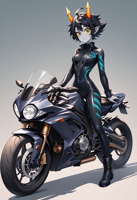 ZPDXL3, score_9, score_8_up, score_7_up, rating_unsafe, solo, masterpiece, female troll, slim, small waist, grey skin, pointy ears, round face, wide eyes, black freckles, black hair, short hair, scruffy hair, turquoise eyes, yellow sclera, straight orange horns, open top black tight leather bodysuit with turquoise stripes, open top motorcycle bodysuit with zipper, military boots, riding motorcycle, cr0tchr0ck3t, motorcycle, ground vehicle, motorcycle,