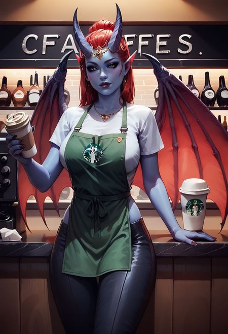 score_9, score_8_up, score_8, 1girl, detailed, high definition, perfect quality, blue skin, red iris, black eyes, red hair, demon horns, demon wings, seductive, posing, natural breasts, thigh gap, coffee shop, starbucks, shirt, black pants, green apron, holding coffee tray with drinks, serving table