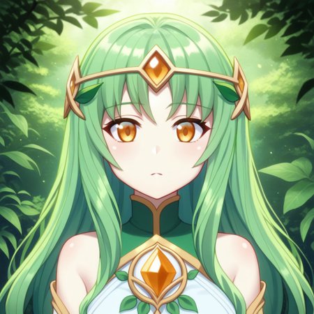 mana_sk style, portrait, focus on face, a serene nature guardian girl with long, wavy green hair adorned with small blossoms and bright amber eyes, wearing a delicate circlet made of vines and gemstones, her expression calm and protective, faint sunlight filtering through dense forest leaves in the background, Japanese RPG style, natural and mystical atmosphere, intricate details on her circlet and hair