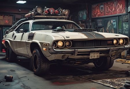 Old white Dodge challenger 1970 in very dark night cyberpunk sci-fi garage, sci-fi 70s,in style Pacific Drive car, in style DMC Deloren from  Back to the future, patches, radar on the car roof, glowing fluorescent hoses, retro cassette futurism 70s, fluorescent wires and modules and devices and gadgets 70s,  style of ghostbusters technology, radioactive glowing hose and tubes,  spacepunk dieselpunk atmosphere, frostpunk colors, cyberpunk 2077 car,  (masterpiece:1.2, best quality), Graphic details, perfect design, very dark black night cyberpunk background, glowing cloning vats inside car
Scrapbuilt