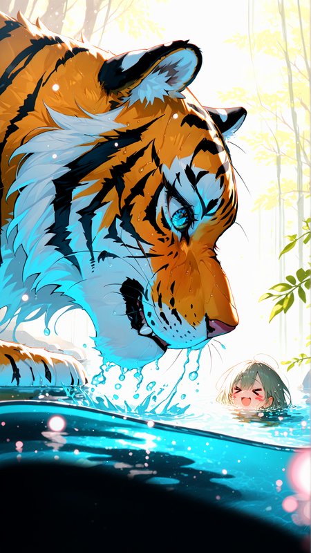 masterpiece, newest,absurdres,incredibly absurdres, best quality, amazing quality, very aesthetic, abstract,
1 oversized tiger, 2girls, xd, spring, light particles, partially submerged, blurry foreground,
 <lora:KonYa666:1> kony4666