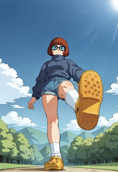 score_9, score_8_up, score_7_up, source_anime,
 BREAK 
1girl, velma, blue jacket, denim shorts, looking at viewer, from below, full body, standing, outdoors, perfect legs, perfect face, perfect eyes,
 BREAK 
yellow crocs, crocs, white socks, standing on one leg,
 BREAK 
hud_v4nspose, sky, foreshortening, perspective,