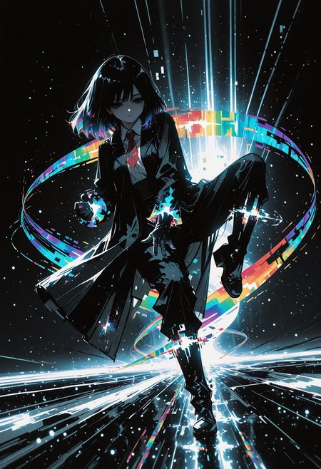 masterpiece, detailed_eyes, high_quality, best_quality, highres, absurdres, 8k, subject_focus, depth_of_field, 
1girl, solo, close-up, long black hair with subtle cosmic shimmer, black eyes with deep void-like glow, red necktie, collared shirt, black long coat with slight cosmic patterns, gloves, black pants, black boots, neutral expression, bright ethereal background, soft ambient glow, fighting pose, high kick, ready to fight, dreamy light rays, cinematic lighting, high dynamic range, glowing highlights, surreal luminous aura, rich cinematic depth, soft volumetric light, subtle light particles floating, contrast between dark outfit and luminous surroundings.,dispersion_effect, HDR_effect, spectra_effect, rainbow_prism, colored_highlights, sketch, glitch, cinematic angle, low angle
 <lora:748cmSDXL:0.5> <lora:ma1ma1helmes_b:0.5>  <lora:re4lity:1>  <lora:ponyv6_noobV1_2_adamW:0.9>